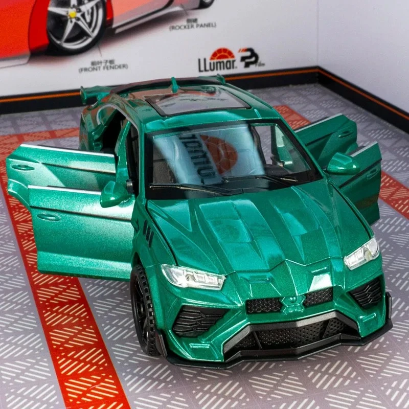 Para modelo de coche de aleación Lamborghini urus 1:32, adorno con sonido y luz, puerta de juguete de rebote de metal y maletero del capó del motor se puede abrir