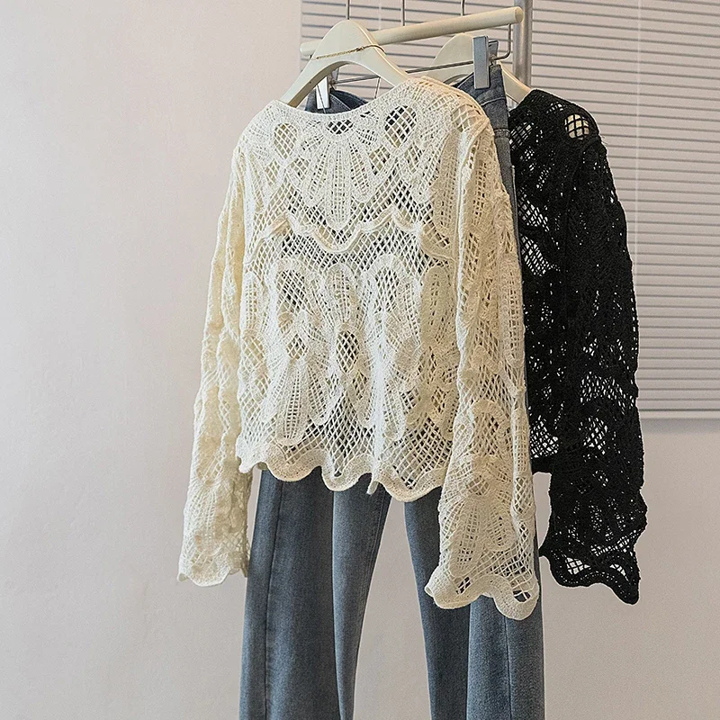 Women Crochet Top Long Sleeve Round Neck Semi Sheer Guipure Lace Top Boho Parisian Chic Olie Blouse Spring Summer Outfit