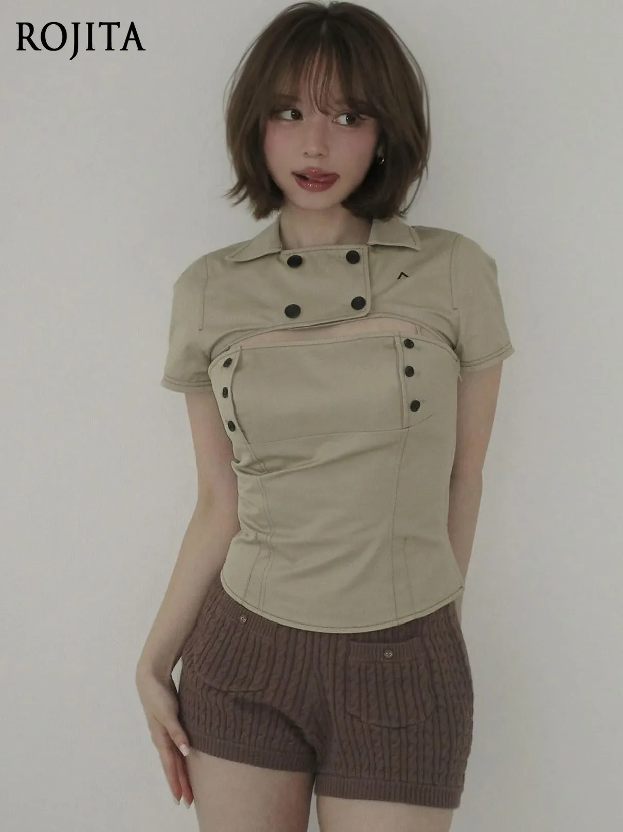 Women Collared Short Sleeve Shawl & Cami Top 2 Piece Set Button Decor Slim Cropped Layering Outfit