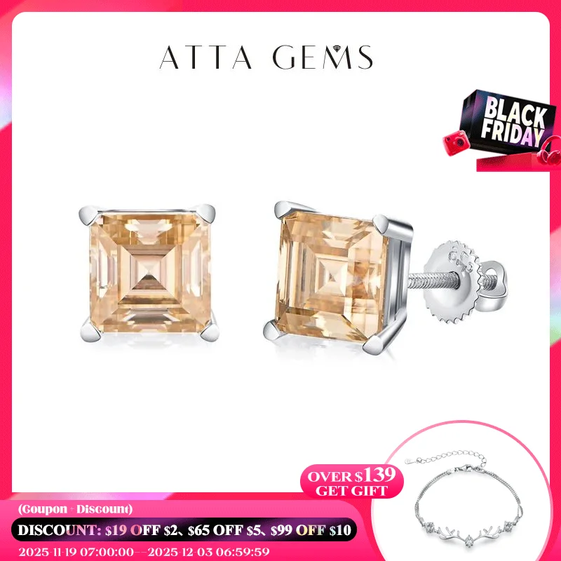 

ATTAGEMS Silver 925 Earring Yellow Moissanite Screw Back Stud Square Stud Earrings For Women Princess Cut 5*5MM Jewelry 귀걸이