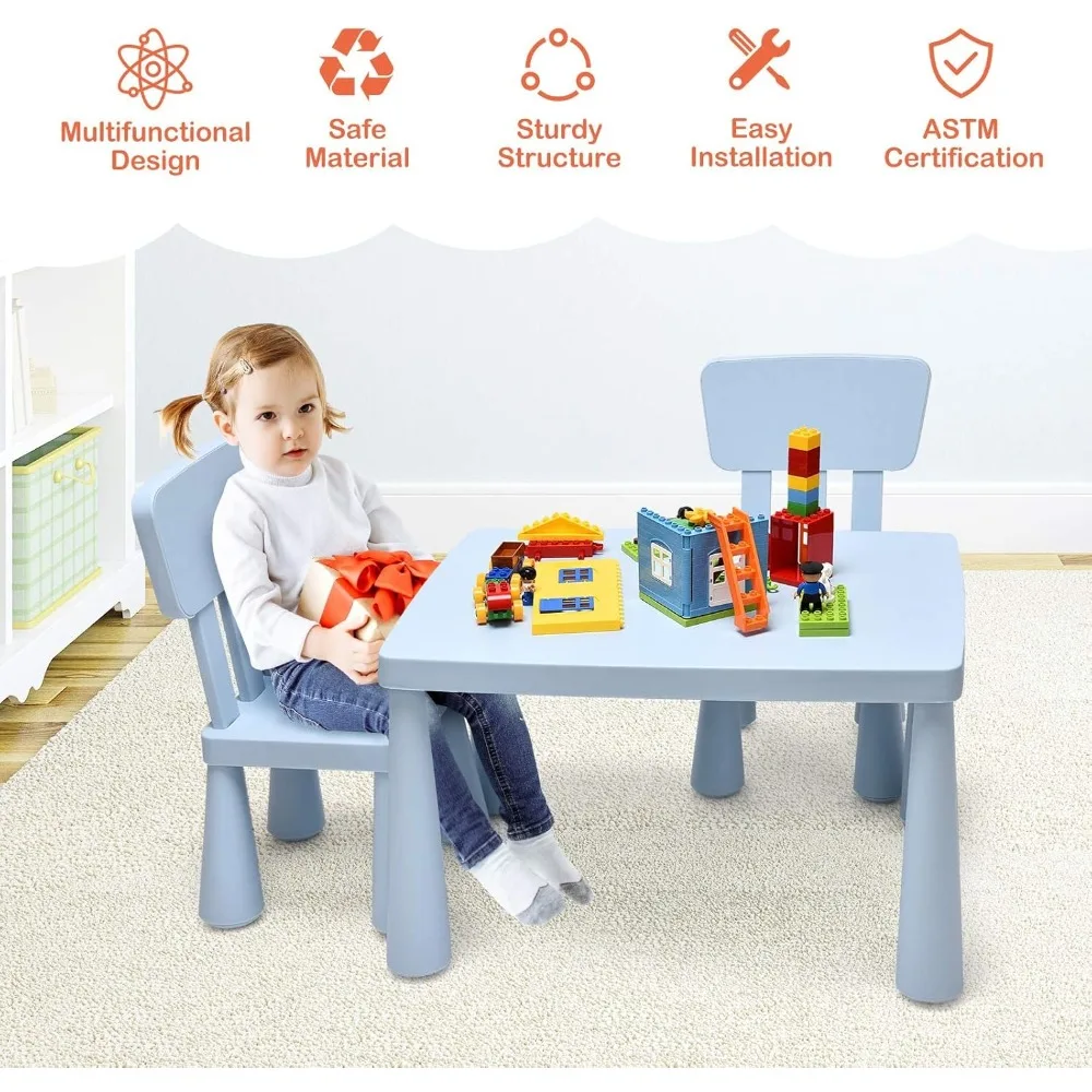 Kids 'Plastic Activity Table and Chair Set, mesa de aprendizagem para leitura, desenho, lanche, artesanato, pré-escolar, 3 pcs