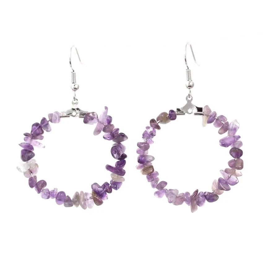 Simple Natural Healing Crystal Quartz Irregular Chip Stone Round Shape Amethysts Agates Dangle Hook Women Girl Earring Jewelry