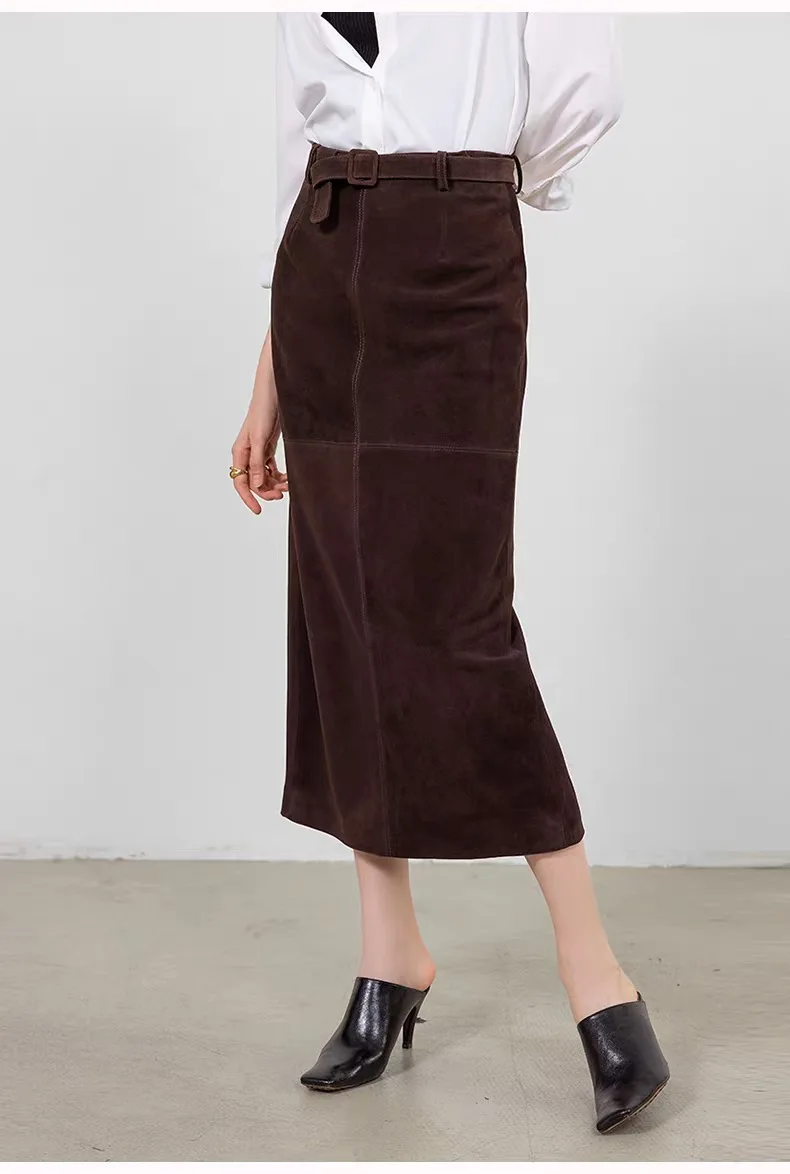 Retro Kid Leather Lambskin Skirt Soft  Long Skirt with Waist Belt Calf Length Skirts For Women Fashion Clothing