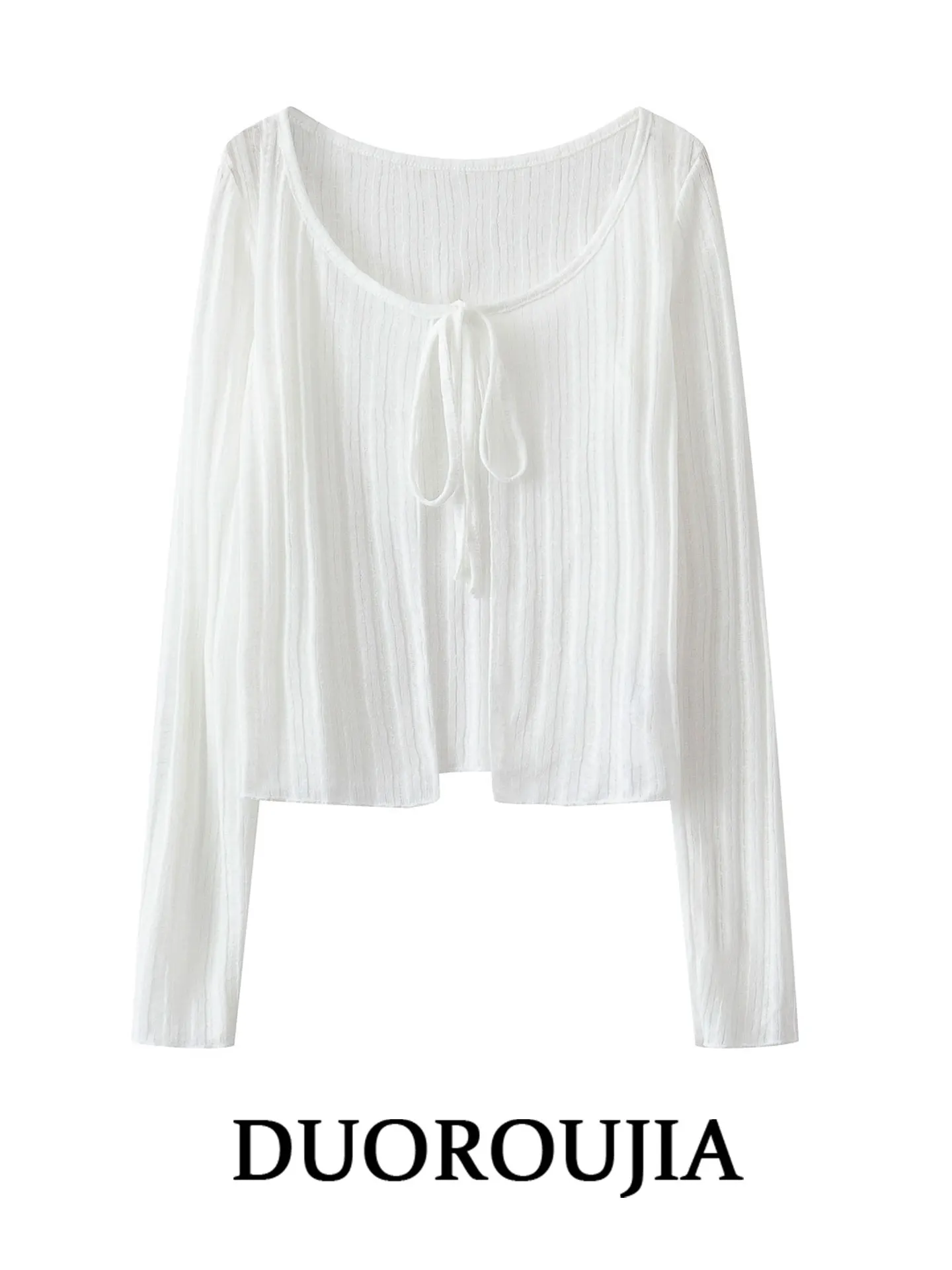 

White Knitted Open Cardigan Thin Belted Women's Outerwear Spring Autumn plus Size Short Style French Style UV Protection