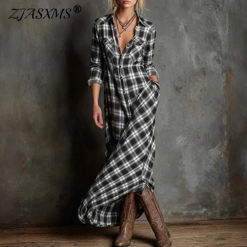 Autumn Fashion Plaid Print Retro Party Dresses Woman Sexy Single Breasted Lapel Shirt Dress Casual Long Sleeve Pocket Boho Dress