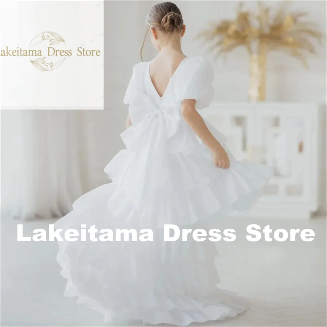 Customization Wedding Birthday Gown With Bow Trailing Short Prom Banquet Holy CommunionSleeve Flower Girl Dresses Tiered