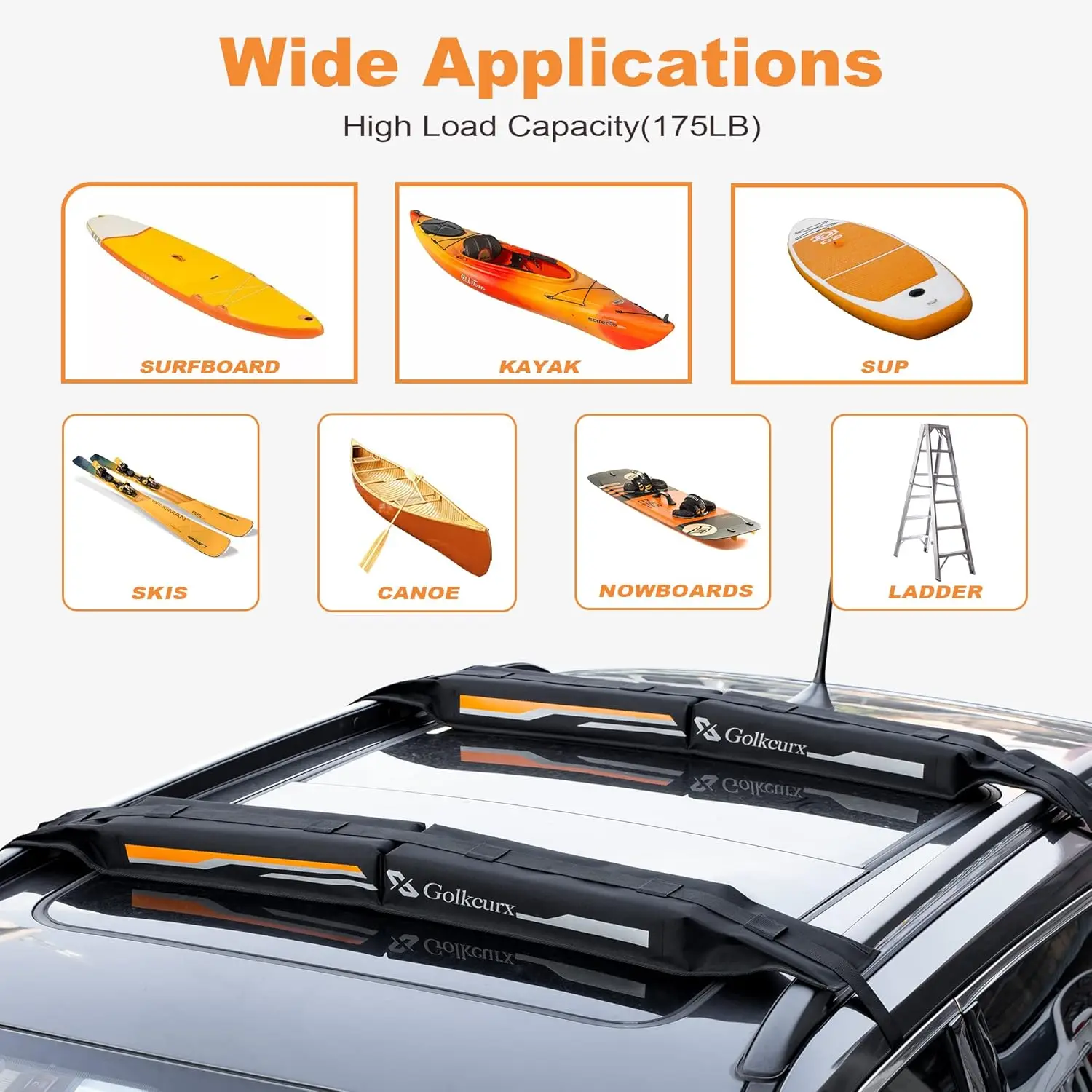 Universal Soft Roof Rack Pads for Kayak, Surfboard, SUP, Canoe, Snowboard with Straps and Bag