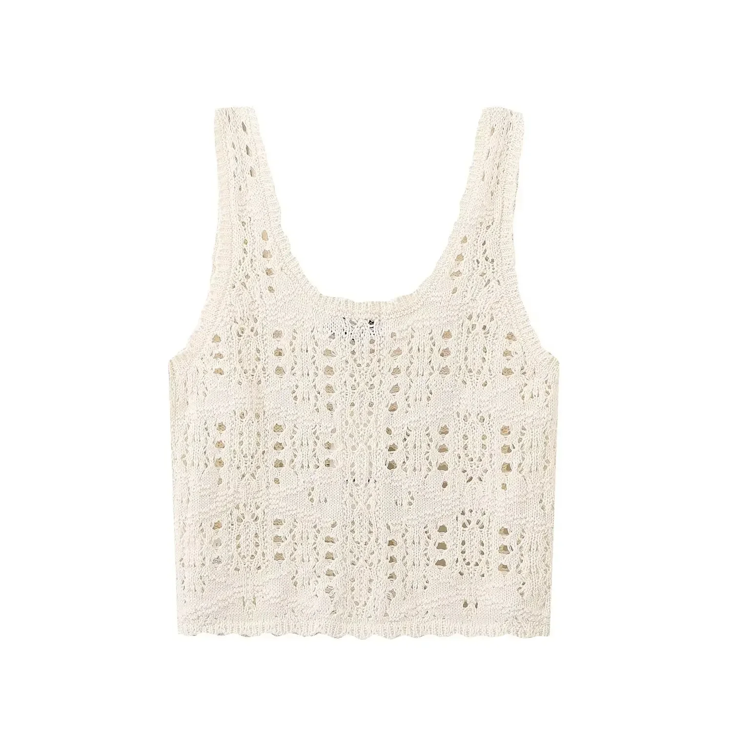 TRAF Women Fashion Beige Hollow Out Knitted Pullover Vest Vintage O-Neck Sleeveless Female Chic Lady Tank Tops 6771/103