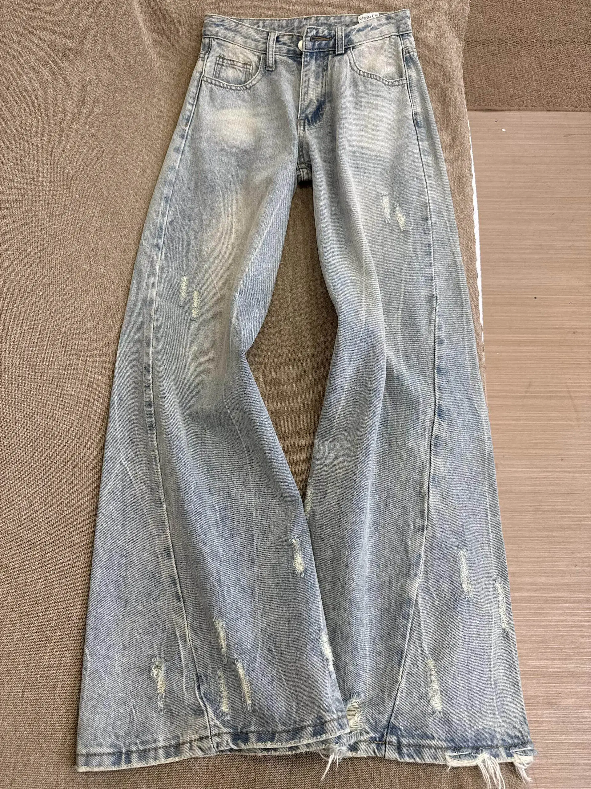 

Trendy High Waist Wide Leg Jeans Men's Women's Light Color Hole Design Spring Summer New Loose Slimming Drapey Floor-Length P...