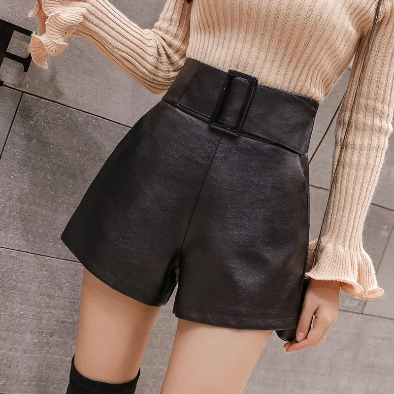 

2023 Spring Fall Women Korean Style High Waisted Sash Black Pu Leather Shorts , Woman Slim Winter Wide Leg Shorts