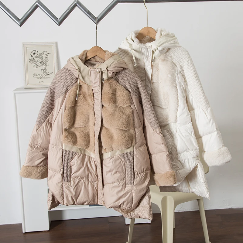 Femmes Thiened Long Sve vers le bas Jaet Zipper fourrure de lapin velours à capuche mi-longue blanc Du vers le bas manteau rembourré hiver extérieur...