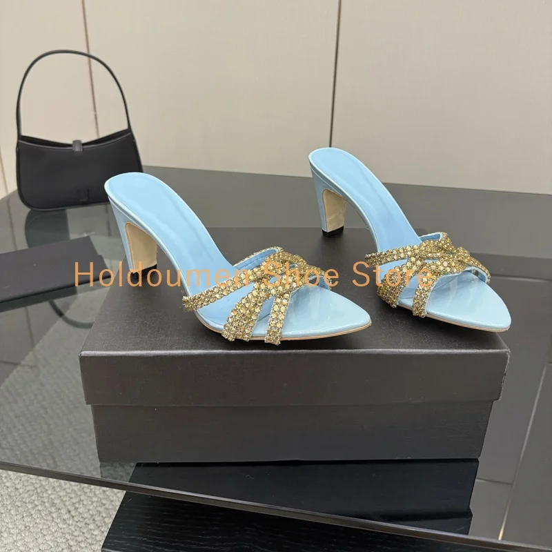 

Women's Summer Luxury Patent Leather Stone Pattern Rhinestone Strap Slippers Pointed Toe Slingback Niche High Heeled Slippers