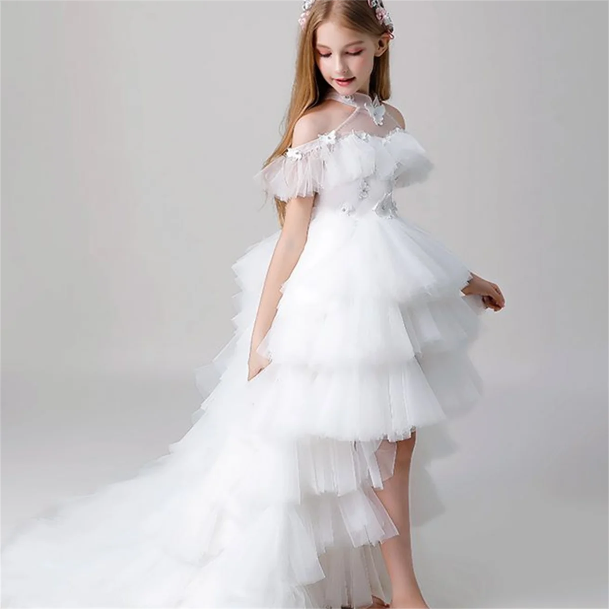 

White Layered Tulle Bow Decorative Flower Girl Dress Wedding Cute Little Flower Child First Eucharist Celebration Dress Gift