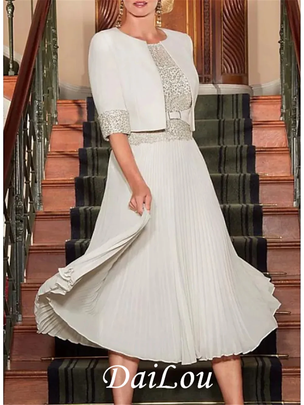 

A-Line Mother of the Bride Dress Elegant Jewel Neck Tea Length Chiffon Satin Half Sleeve with Pleats Sequin