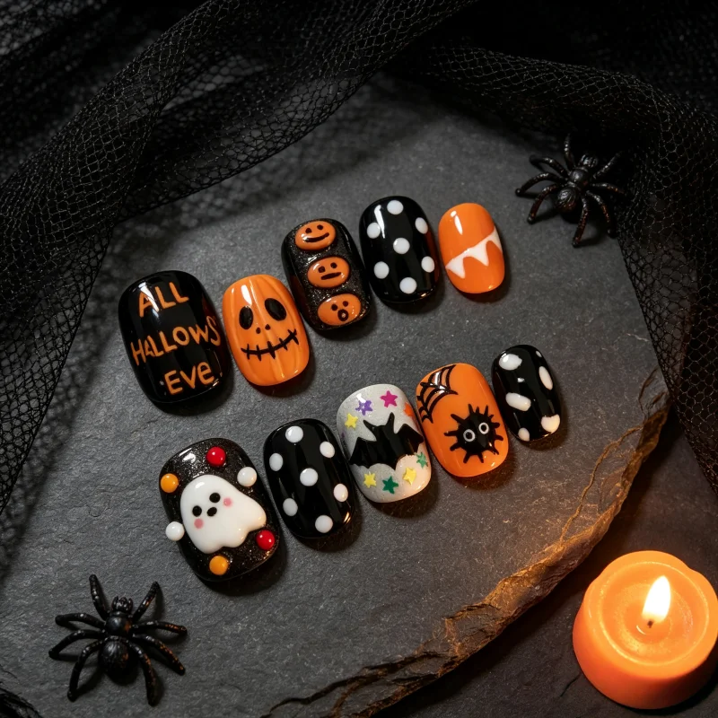 24Pcs Fake Nails Fashionable Cartoon Halloween Spiders and Ghosts—Fun Press-On Nails Perfect As Gifts for Girls and Friends