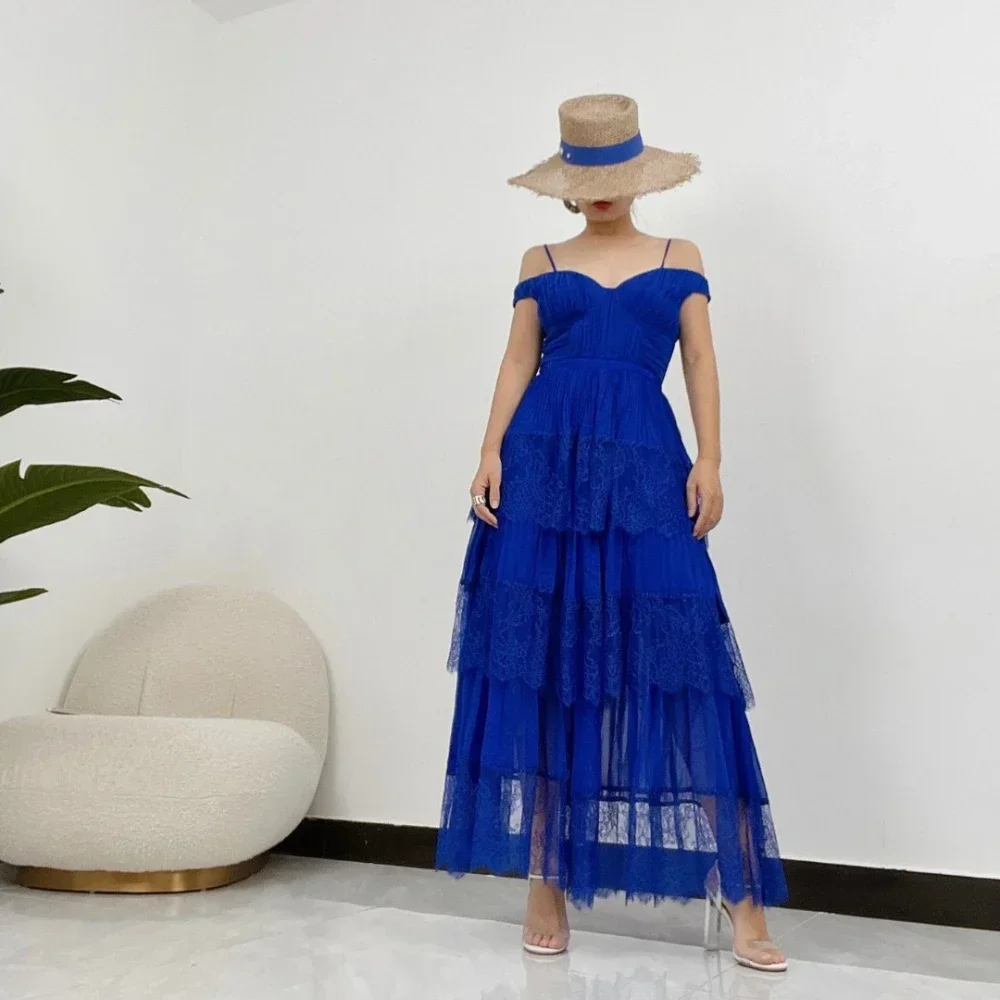 

Women's Blue Lace Patchwork Off the Shoulder High Quality Elegant Midi Dress for Party