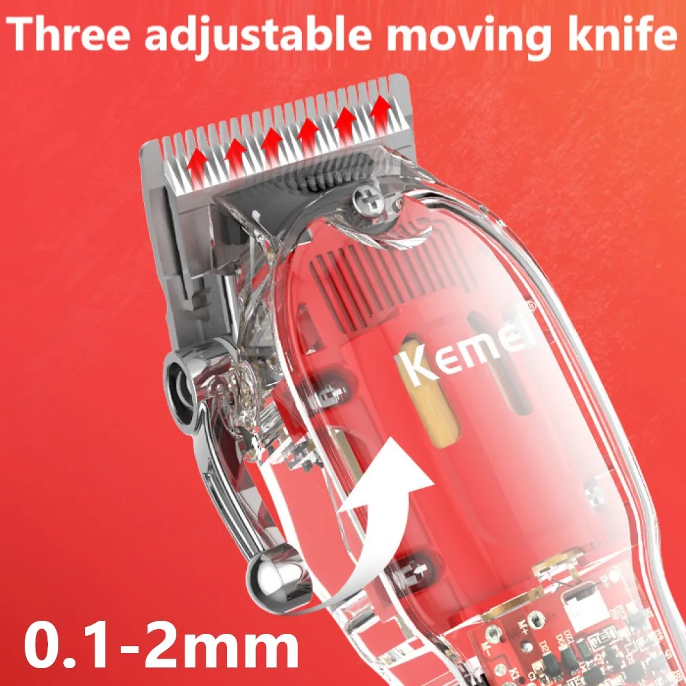 Kemei Rechargeable Hair Cutting Machine Barber Shop Fade Hair Clippers Cordless Trimmer Transparent Cover Red Base KM-1761&246