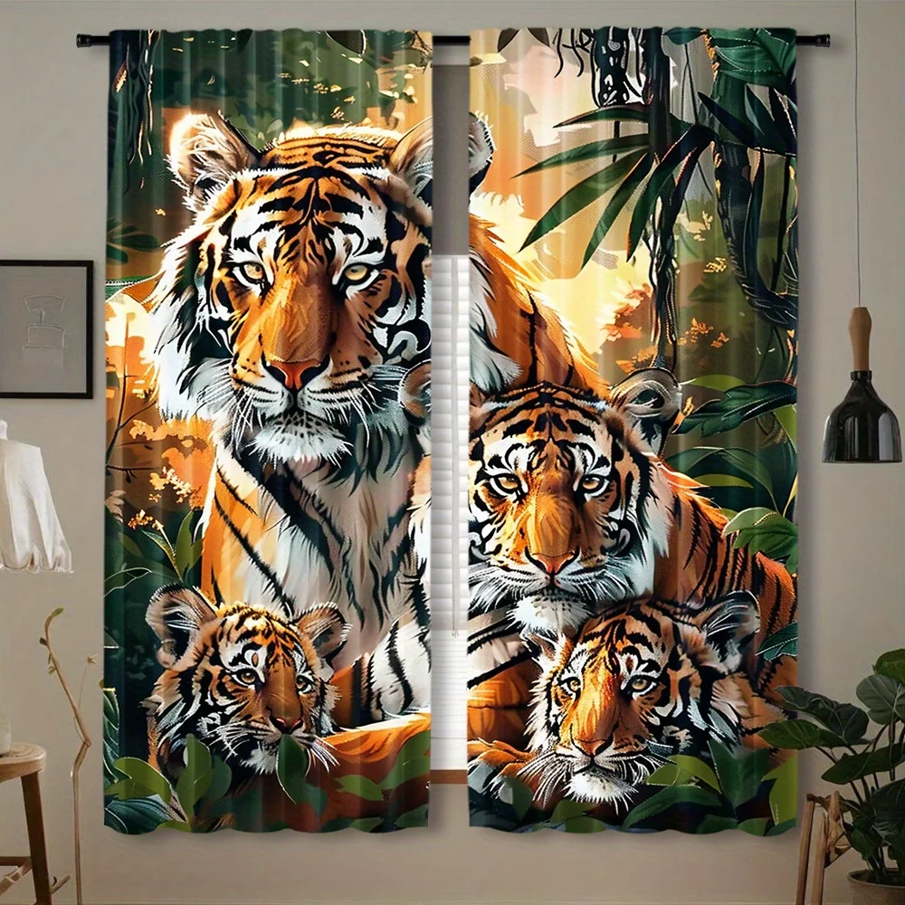 2 pieces, tiger print curtains, rod mouth window decoration, suitable for bedroom living room home decoration, room decoration.