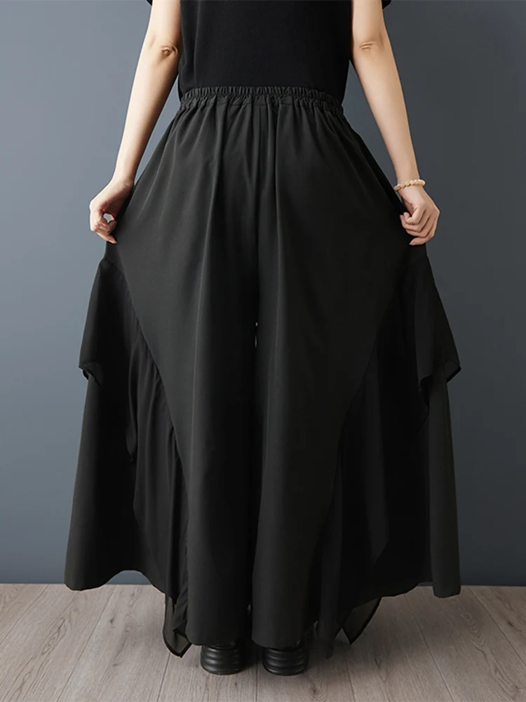 2026 Summer New Chiffon Spliced Black Vintage High Waist Wide Leg Pants For Women  Loose Casual Trousers Fashion Streetwear