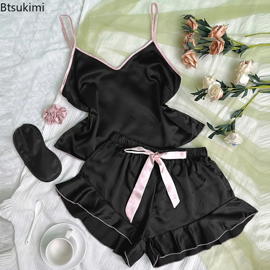 Women's Smooth Satin Pajamas V-Neck T-Shirt Ruffled Edges and Bow Shorts Simple and Breathable Pajama Set Sling Home Clothing