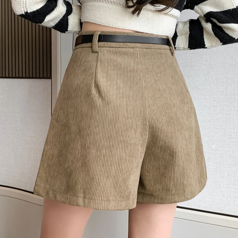 New Fashion High Waist A-line Pleated Shorts Skirts Women 2023 Autumn Winter Corduroy Wide-leg Shorts Woman Casual Shorts