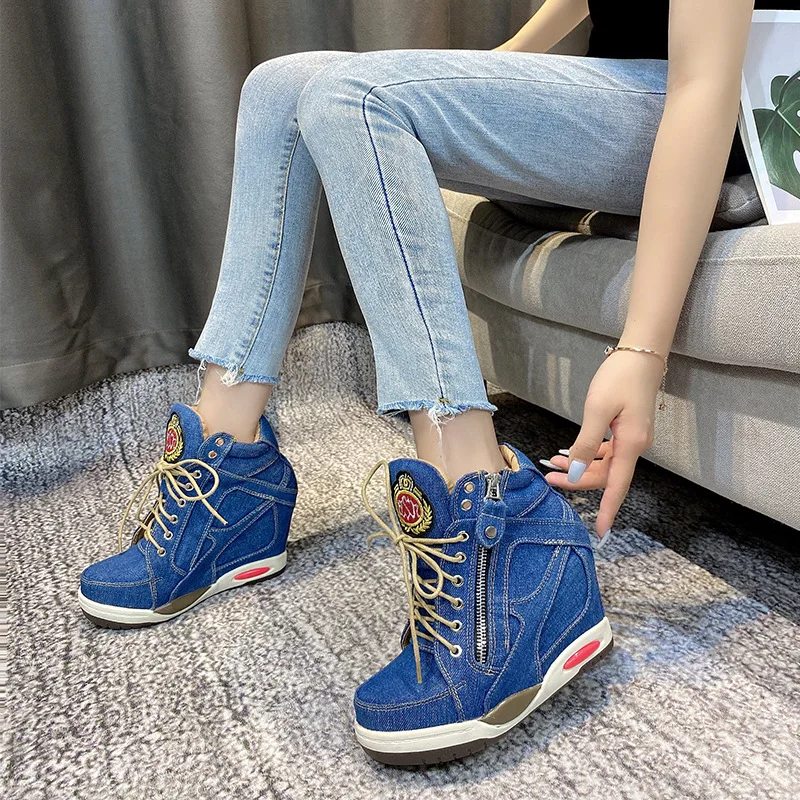 

Women New Denim Wedges Sneakers Platform Spring Autumn Casual Vulcanized Shoes Fashion Ladies Side Zipper Thick Bottom High Heel