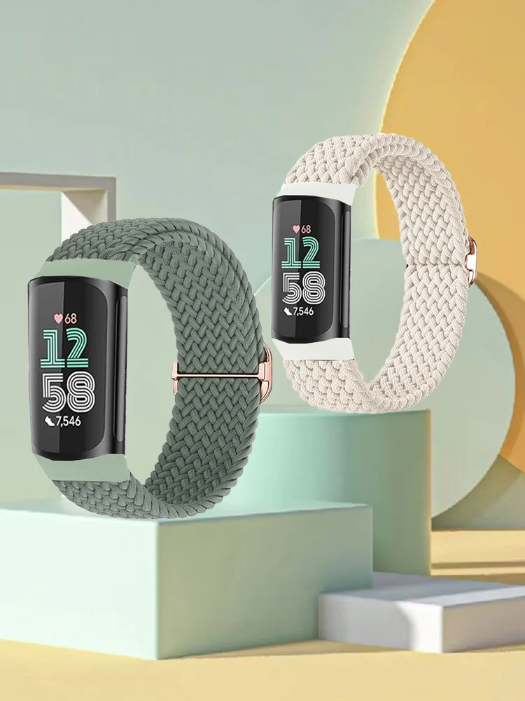 2 Stuks Sport Nylon Gevlochten Band Armbanden Rekbaar Voor Fitbit Charge 5/6 Elastische Band Lus Voor Fitbit Versa 3/4 Smart horloge