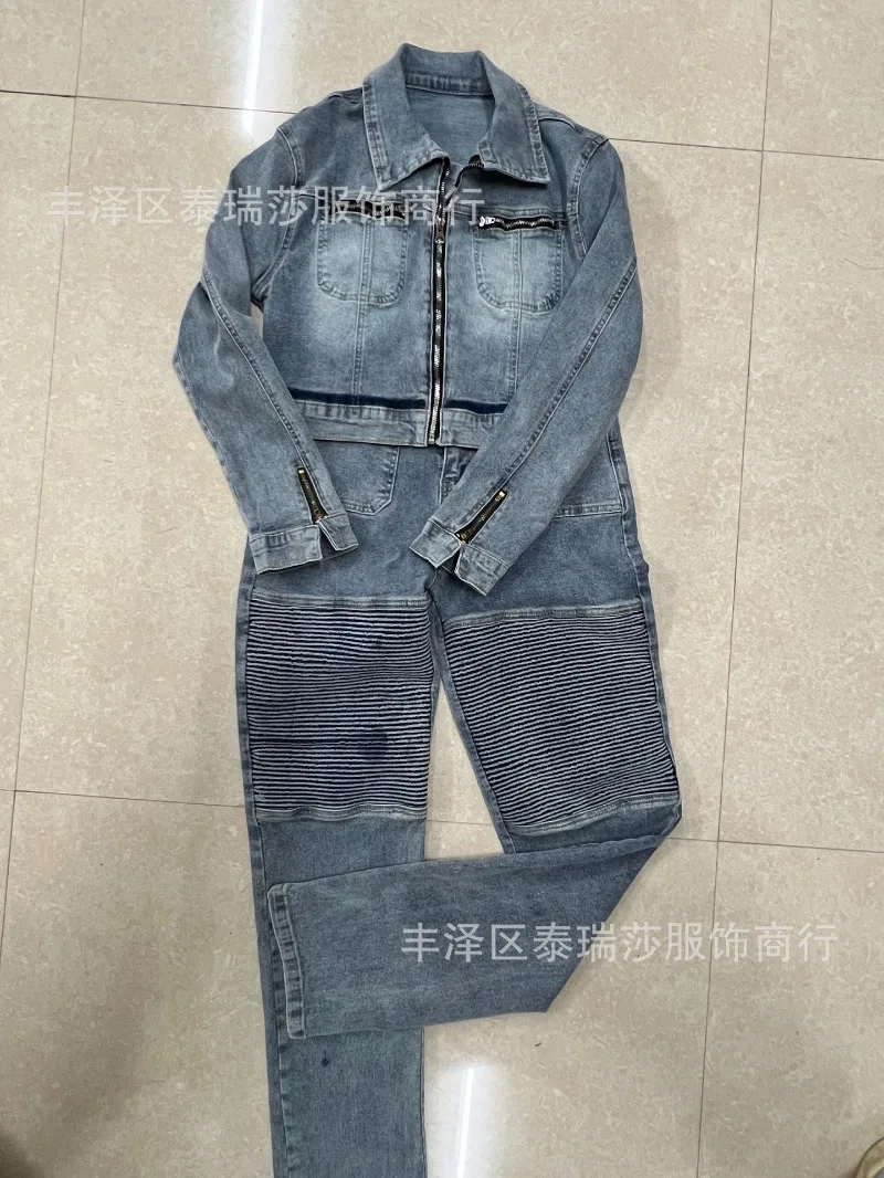 الدنيم 2 قطعة مجموعة النساء تمتد رفض طوق سحابات أكمام طويلة جاكيتات بلايز + عالية الخصر سروال شكل قلم رصاص السببية الجينز الدعاوى #5