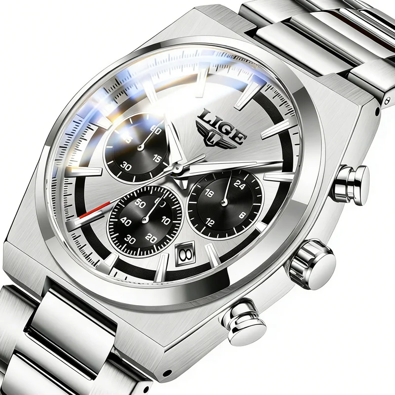 Mens Watches LIGE Fashion Business Quartz Wristwatches Waterproof Stainless Steel Chronograph Luminous Auto Date Watch for Man
