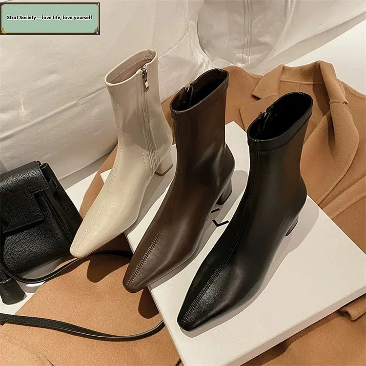 

Pointed Toe Women's Ankle Boots Fashion Back Zippers Short Botas Ladies Elegant Square High Heel Winter Women's Footwear 2024