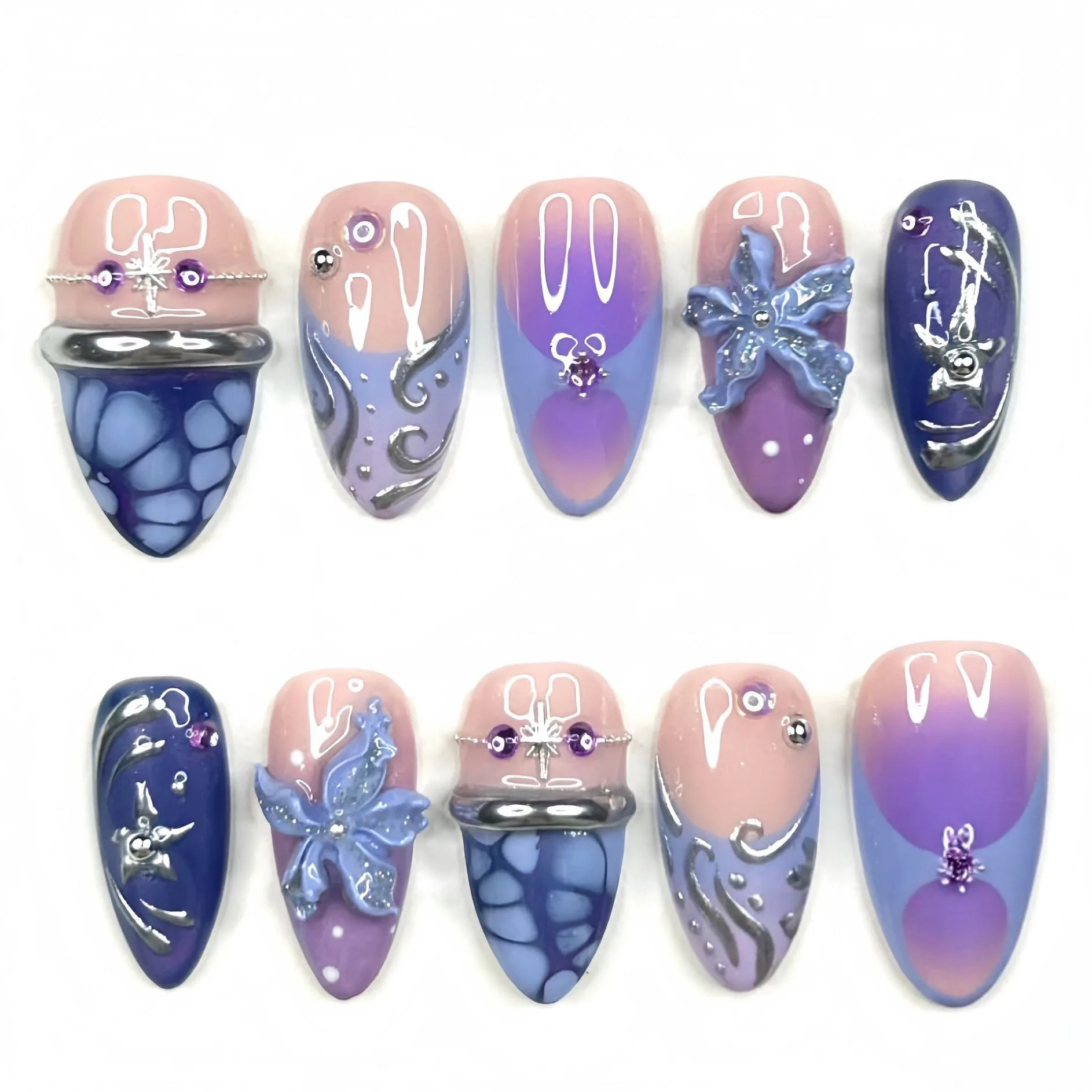 24Pcs Gilded Diamond Press on French Blue Cat's Eye Patches Round Detachable Glitter False Nails Art Tip Smudge Flower Fake Nail