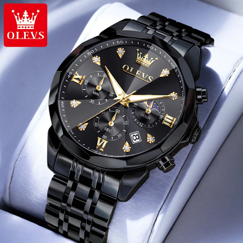 OLEVS 3670 Original Quartz Watch For Men Three Dials 24-hour Moon Phase Luminous Function 30m Waterproof Calendar Window Watch