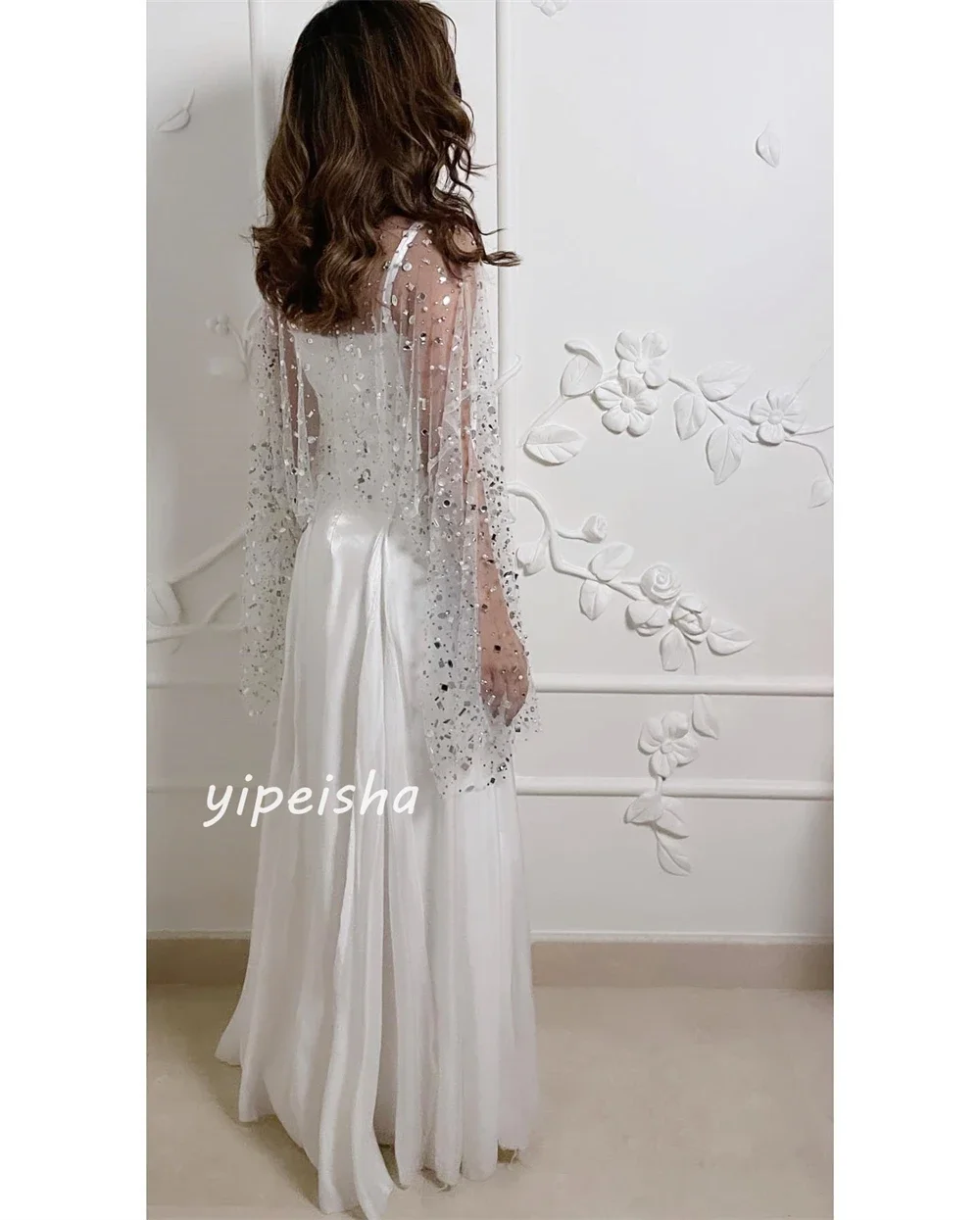 تخصيص جيرسي مطرزة Ruched عيد الحب ألف خط الخامس الرقبة مخصص فساتين المناسبات الطويلة