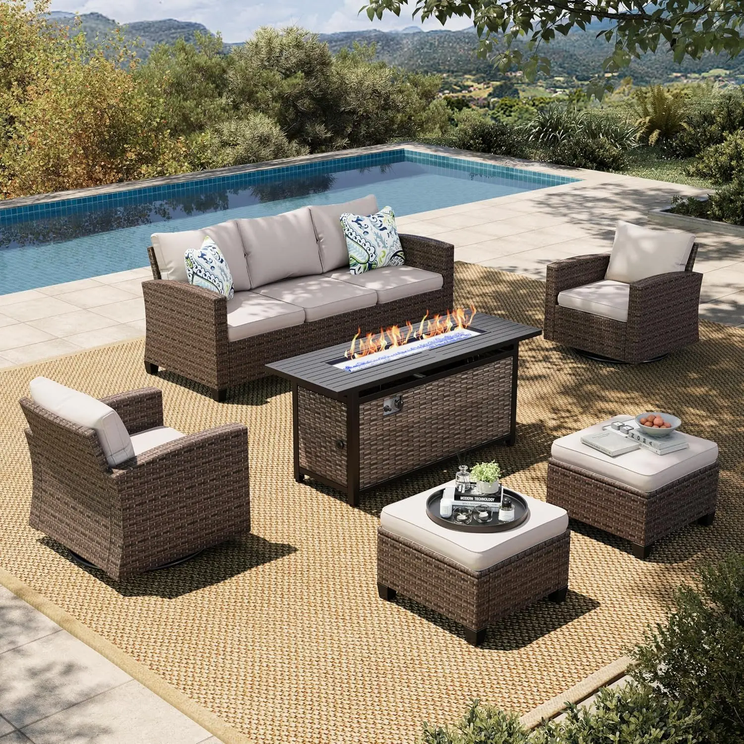 Swivel Glide Patio Furniture Set with Fire Pit Table Wicker, Customized