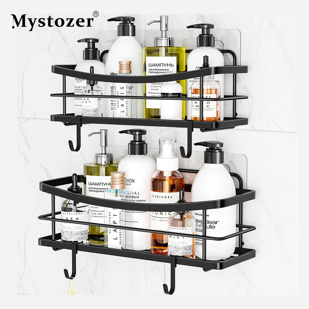 

Mystozer Black Shower Caddy with Removable 4 Hooks Adhesive Shower Shelf Basket No Drilling Toilet Organizer Accesorios de baño