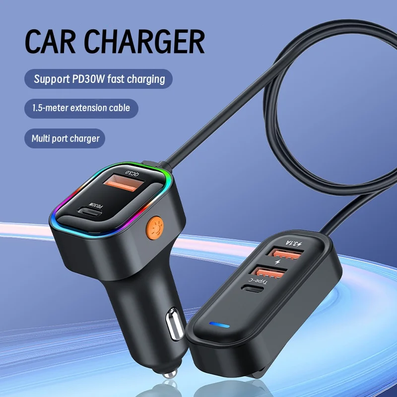

5-in-1 Car Charger Super Fast Charging Dual USB+Type C for Simultaneous Charging of Five Devices in The Front and Rear Rows