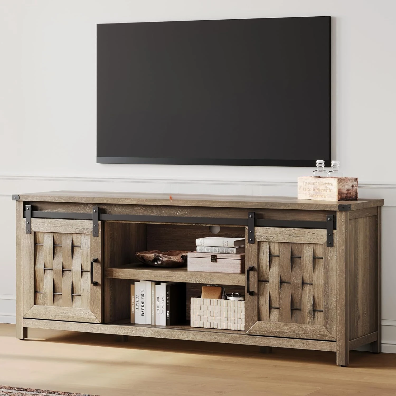 Farmhouse TV Stand for 65 Inch TV, Entertainment Center with Handmade Woven Sliding Door, Media TV Console Table with Cabinet