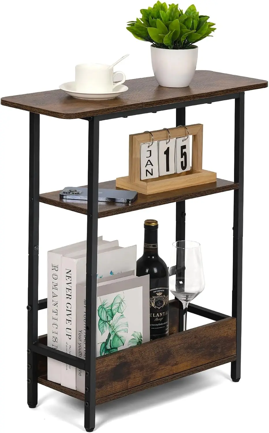 

Narrow Side Table for Small Spaces, 3-Tier Small End Table with Storage Shelf and Magazine Holder, Slim and Skinny Nightstand