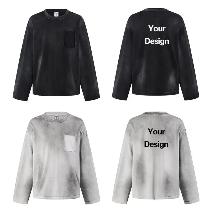 

New 325g Heavy-duty Pure Cotton Long Sleeved T-shirt For Men And Women Washed Retro Distressed Basic Loose Oversized Top