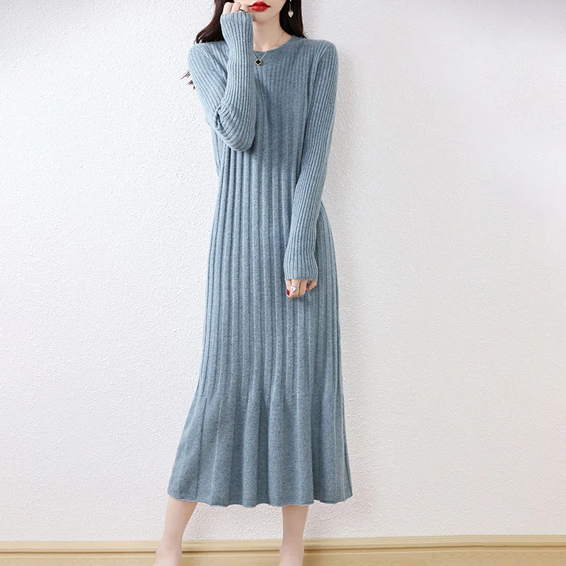 O-neck Women Loose Strip Dresses Longer 100% Wool Knitted Jumpers 2023 New Fashion Winter Female Mid-calf Soft Cashmere Pullover