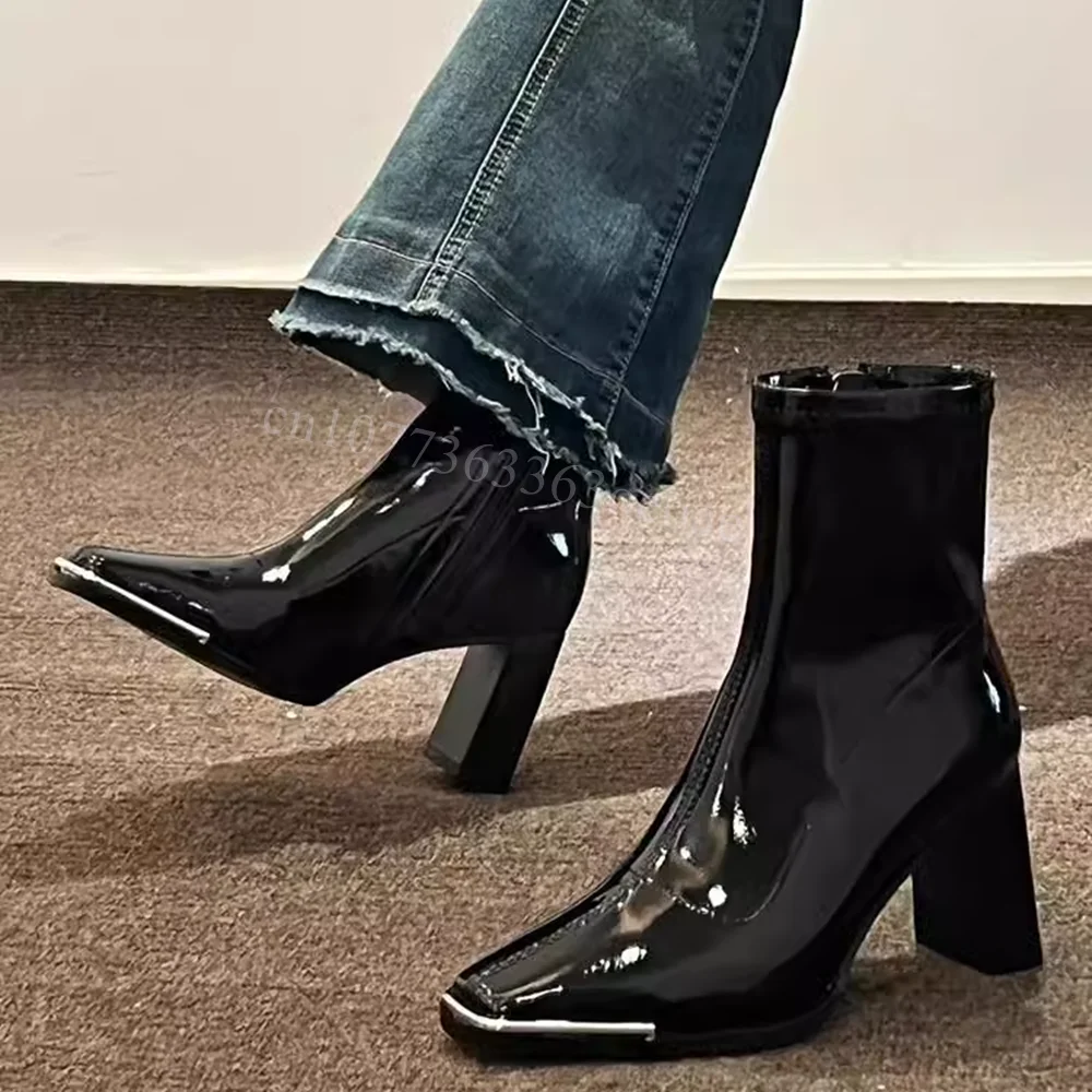 

Metal Square Toe Ankle Boots Patent Leather Shoes for Women Chunky High Heels Fashionable Shoes 2024 Zapatos Para Mujere