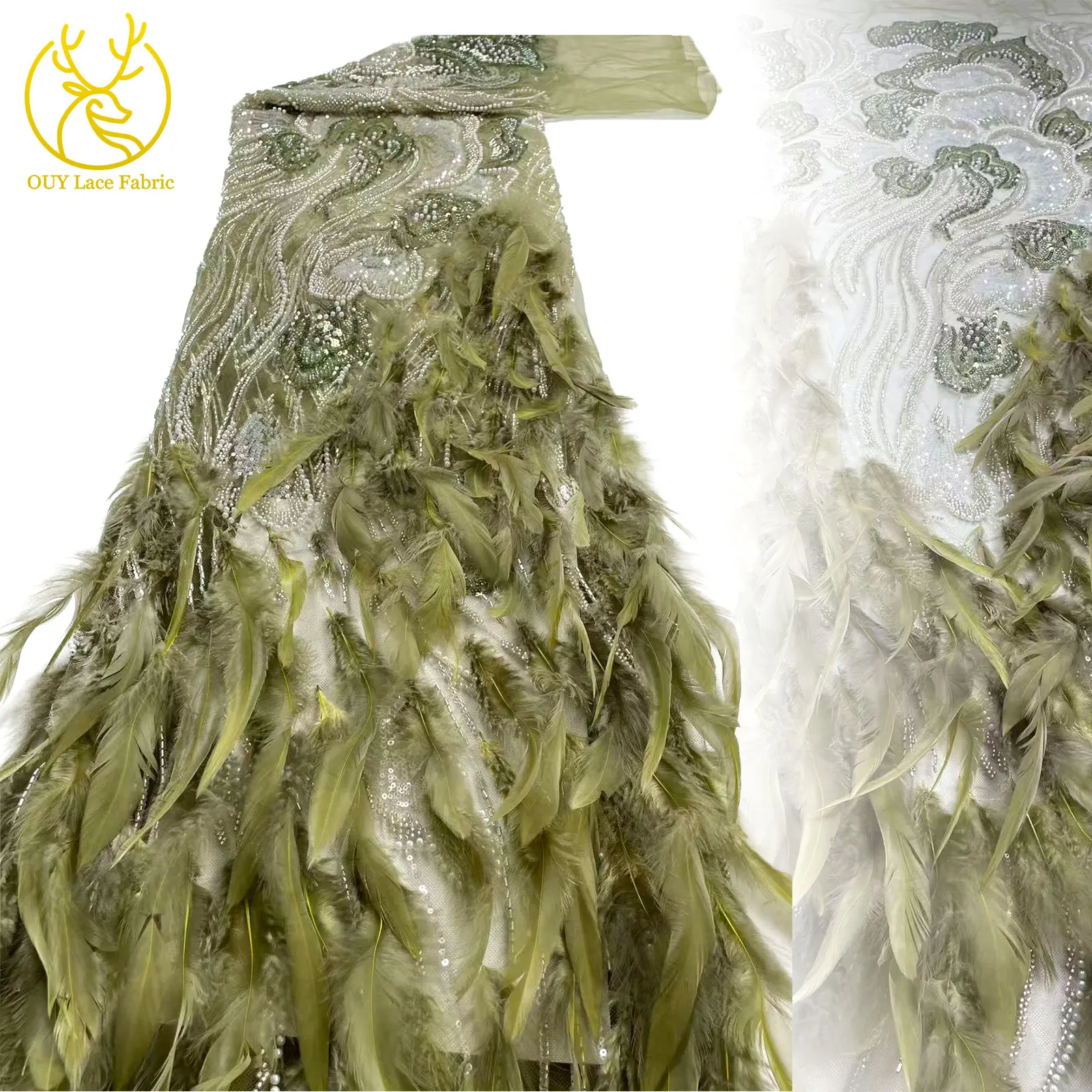 

2025 Afrique Luxury Green 3D Feather Mesh Lace Fabric 5 Yards France Nigeria Beaded Sequin Lace Fabric For Women's Party Dresses