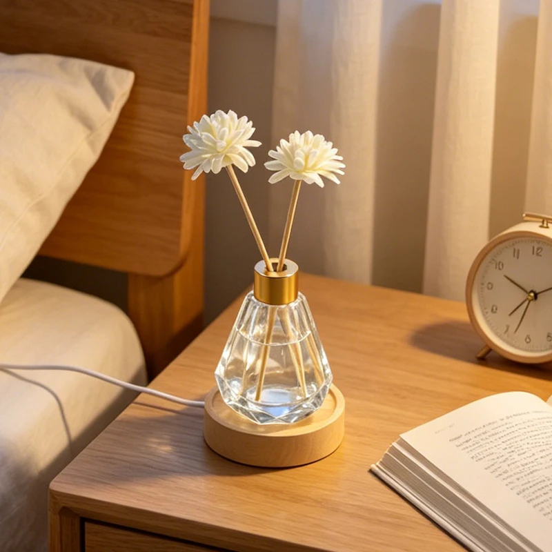 60ml Reed Diffuser Home Fragrance Diffuser with Three-color LED Light Base Glass Essential Oil Bottle Flower Diffusers Sticks
