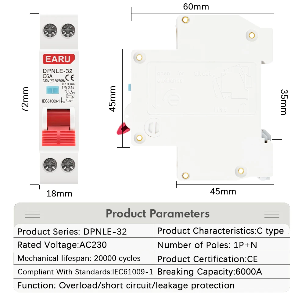 18MM 230V 50/60Hz RCBO 1P+N 6KA Residual Current Differential Automatic Circuit Breaker Over Current Leakage Protection