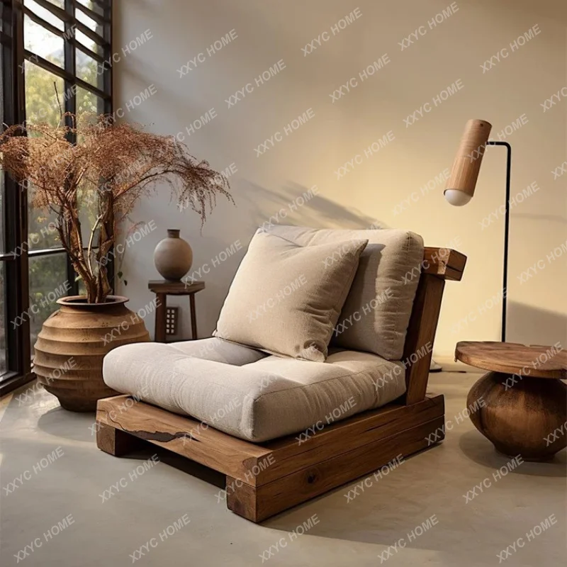 Medieval wabi-sabi wind solid wood single sofa living room hotel sitting area reception meditation chair