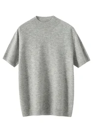 First-Line Ready-To-Wear Men Mock-Neck Short-Sleeve Pullovers 100% Merino Wool Sweater T-Shirt Soft Knit Spring Summer Men Top