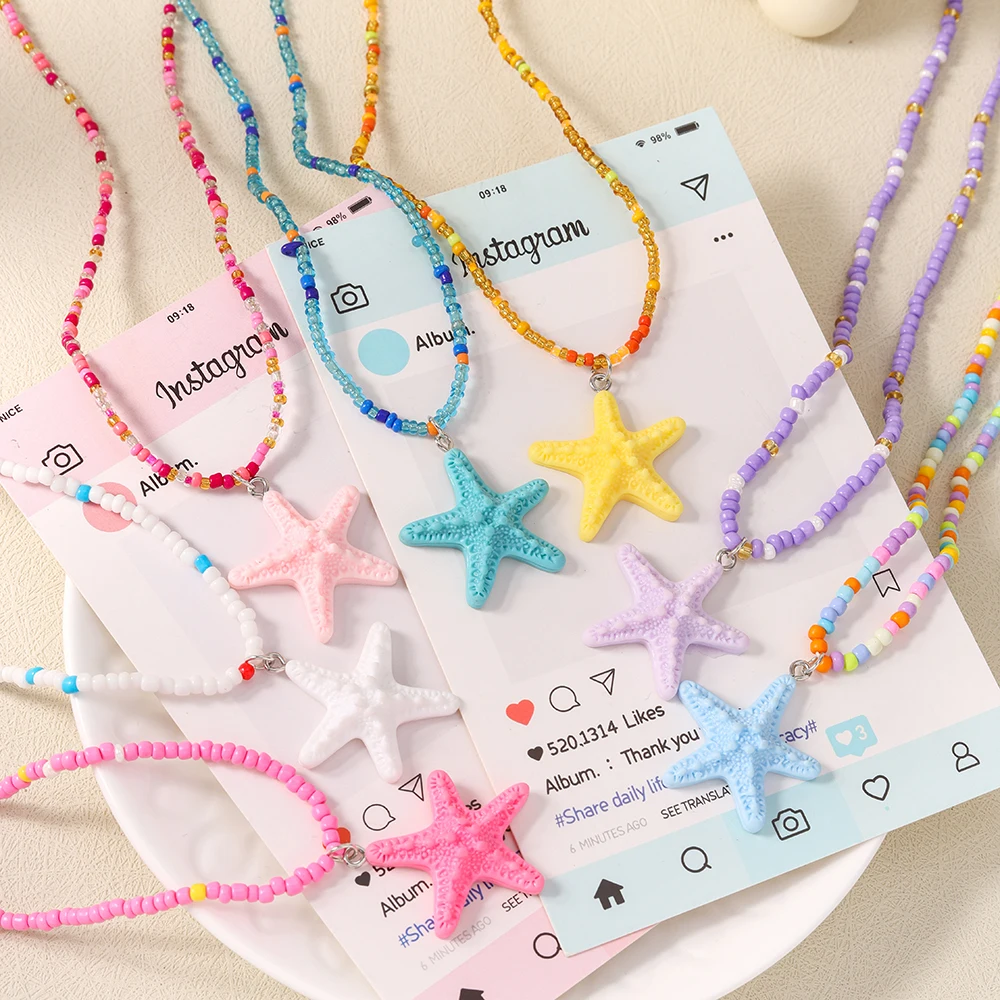 Aihua New Colorul Starfish Necklace Handmade Rice Beads Necklace Fashion Choker Necklace Summer Beach Trendy Vacation Jewelry