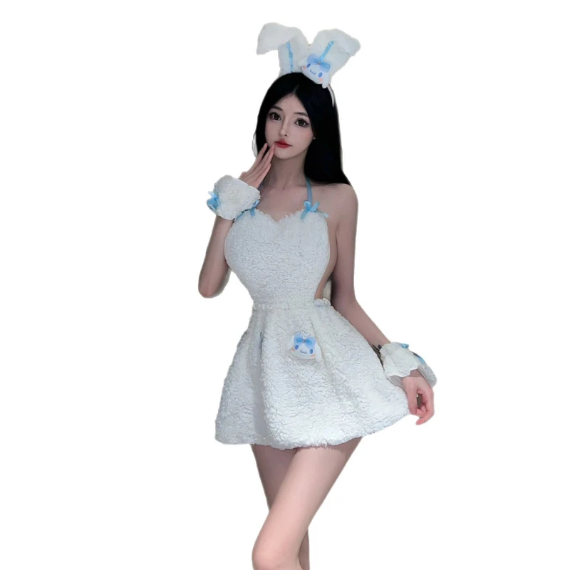 

Sexy Lingerie Bandage Dress Roleplay Rabbit Girl Christmas Uniform Tempting Plush Bunny Ear Cosplay Outfit White Santa Claus Set