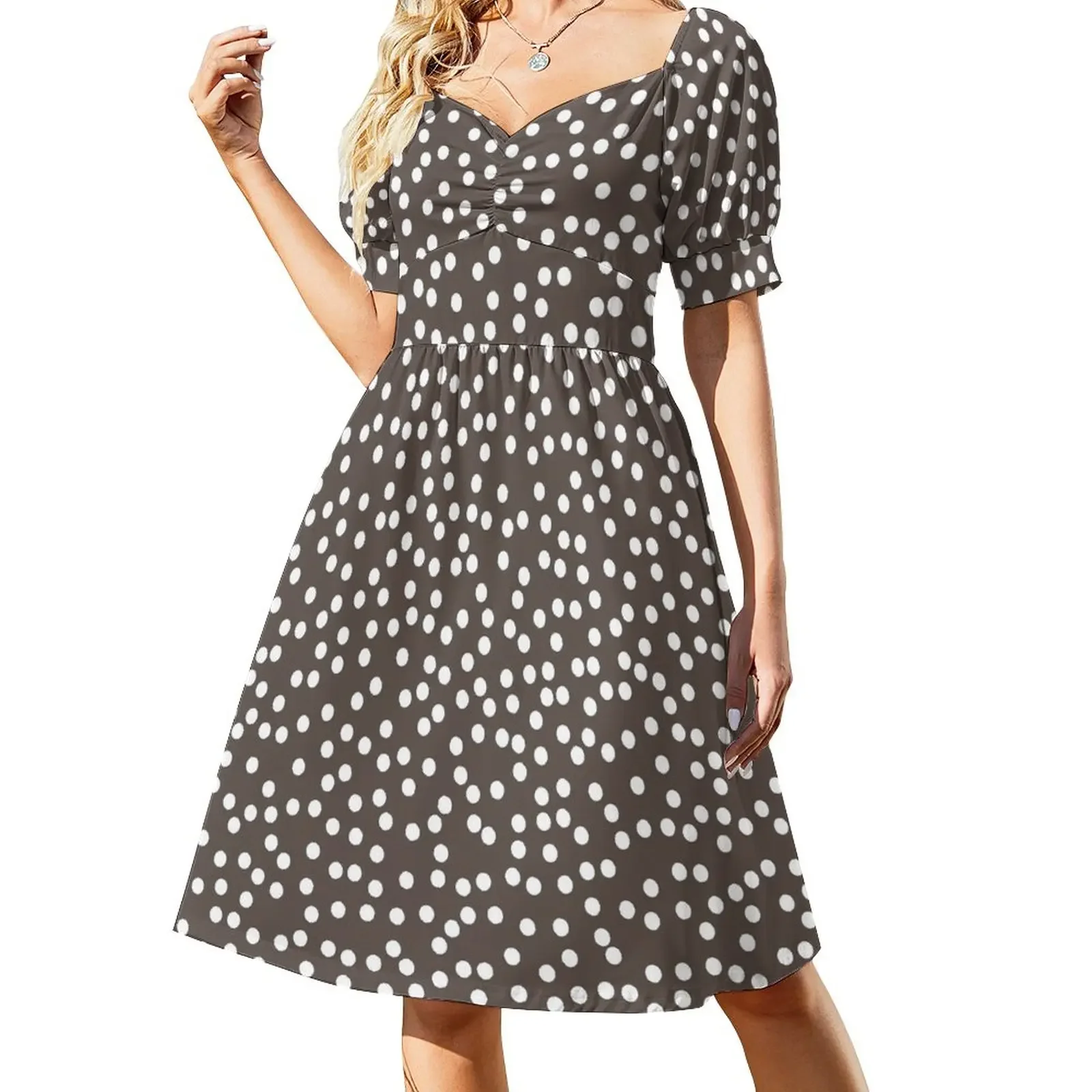 

Simple Brown and White Polka Dot Pattern Short-Sleeved Dress Long dress woman summer dresses Long dresses