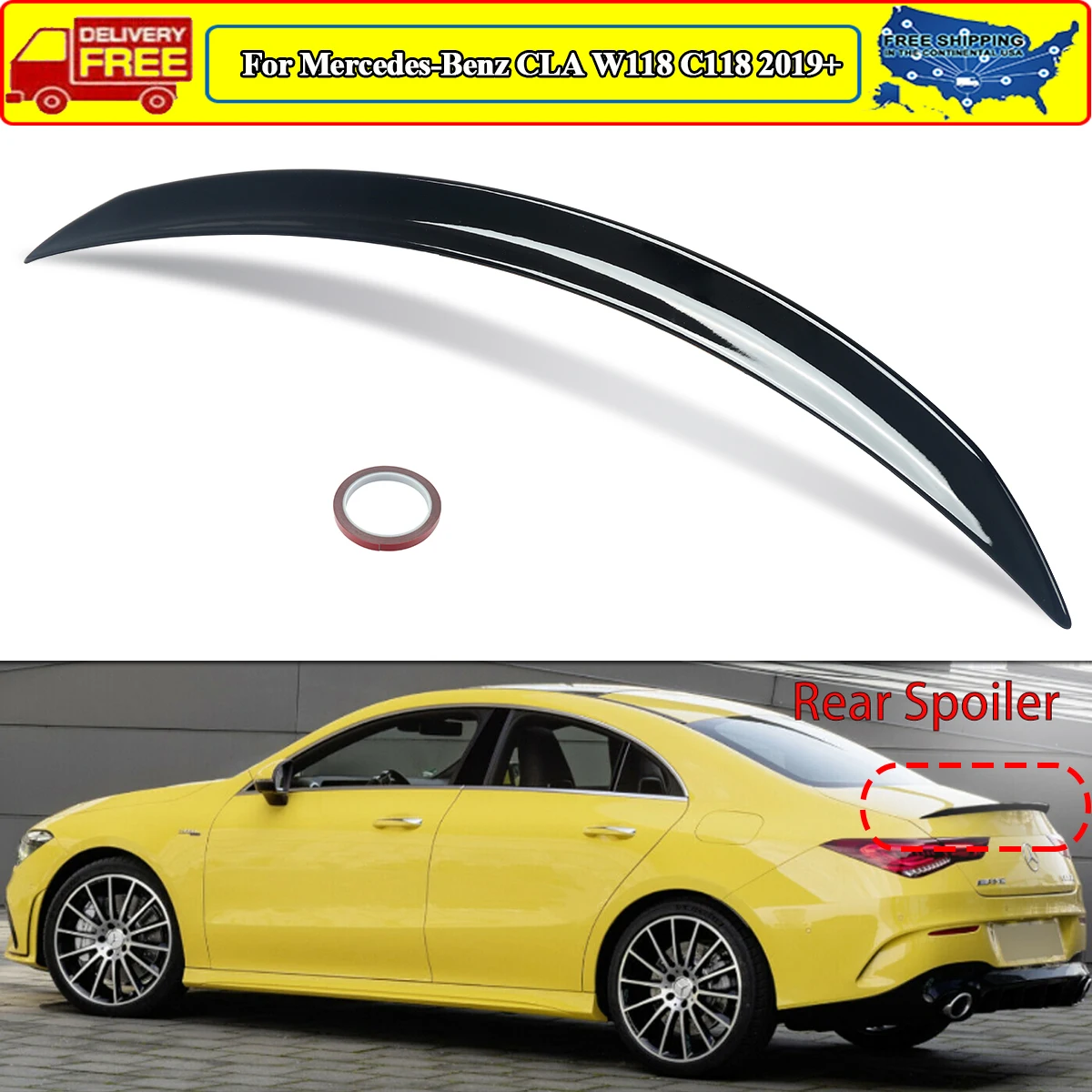 MagicKit REAR TRUNK SPOILER WING AMG STYLE GLOSS BLACK FOR MERCEDES C118 W118 CLA35 CLA45